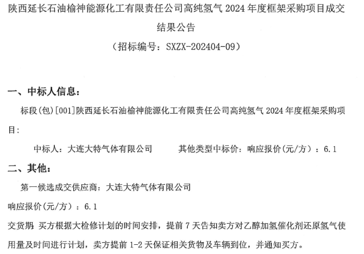 ​中标 | 陕西延长石油榆神能源化工有限责任公司高纯氢气采购结果公示，6.1元/方