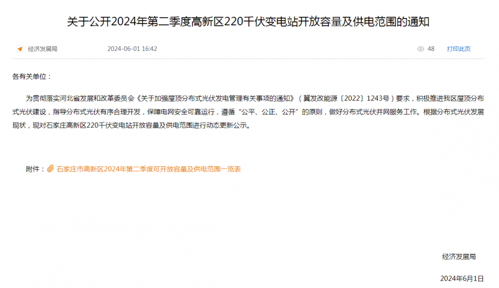 270.6095MW！河北石家庄高新区2024年第二季度各乡镇可开放容量公示