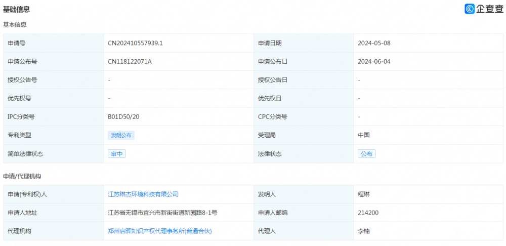 琳杰环境申请公布一项发明专利：“一种用于锂电负极材料连续预碳化的回转窑排烟过滤装置”公布