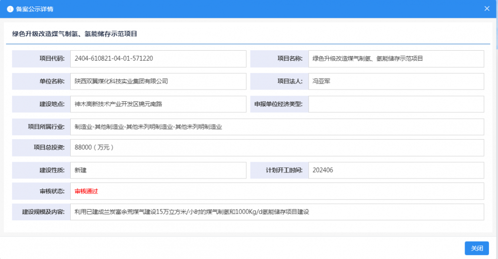 陕西双翼煤化科技实业集团有限公司绿色升级改造煤气制氢、氢能储存示范项目获备案