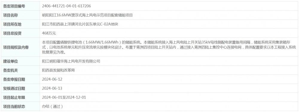 1.66MW/1.66MWh！明阳16.6MW漂浮式海上风电示范项目配套储能项目获备案