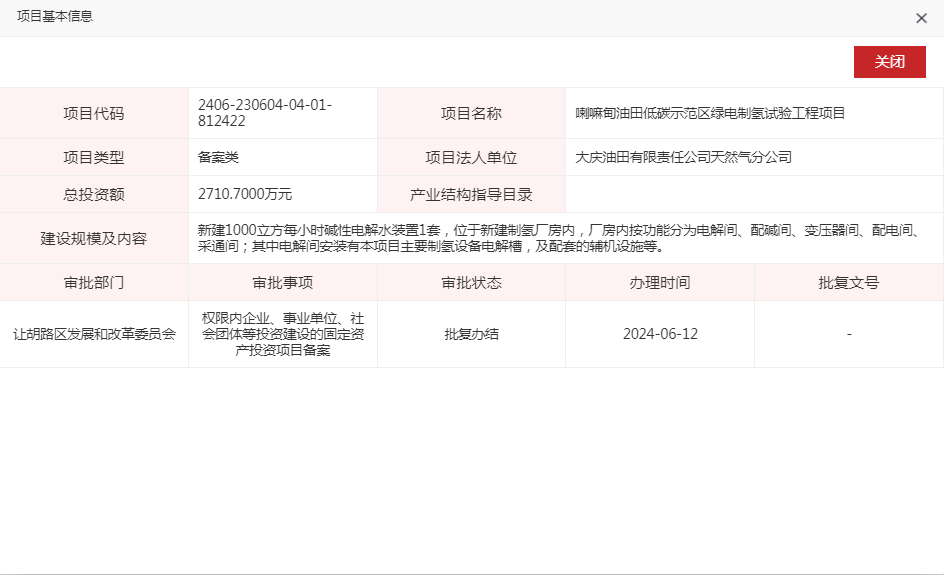 大庆油田有限责任公司天然气分公司喇嘛甸油田低碳示范区绿电制氢试验工程项目获备案