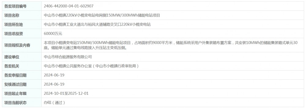 总投资6亿元！广东省中山市小榄镇220kV小榄变电站电网侧150MW/300MWh储能电站项目获备案