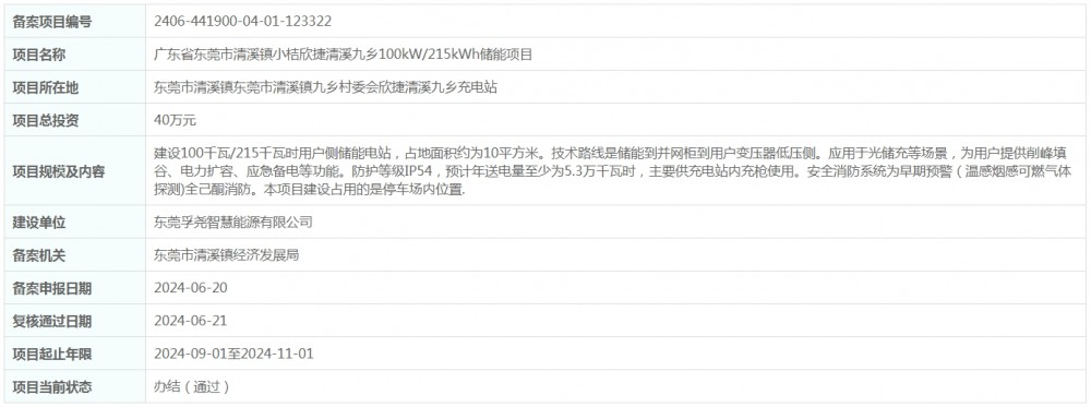 总投资40万元！广东省东莞市清溪镇小桔欣捷清溪九乡100kW/215kWh储能项目获备案