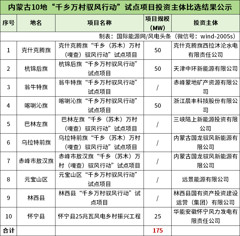三峡、华能、远景、TCL中环等9家企业中选内蒙古175MW驭风行动试点项目