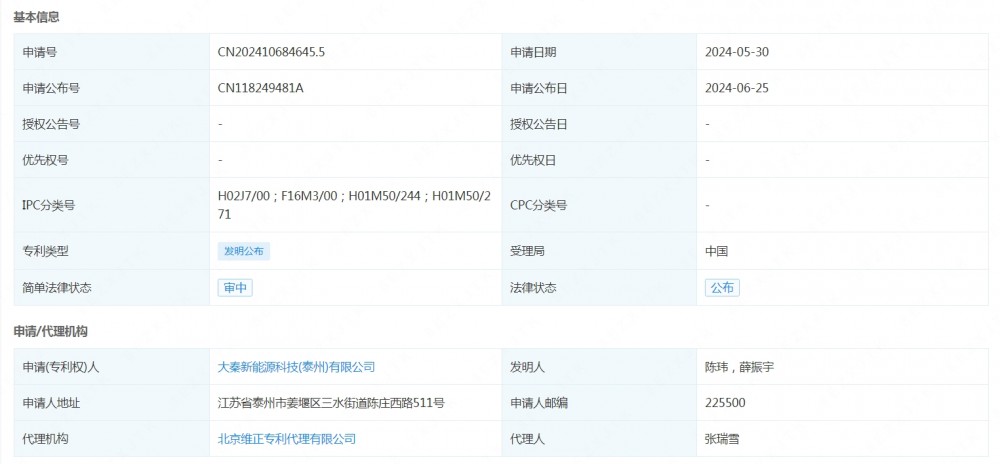 大秦新能源申请公布一项发明专利：“一种可移动的储能设备”