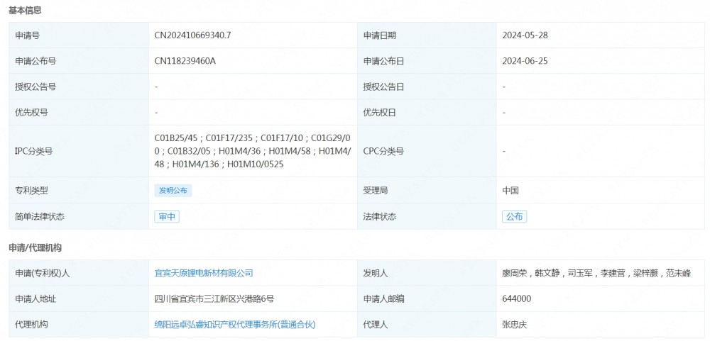 天原锂电申请公布一项发明专利：“一种高压实密度磷酸铁锂正极材料及其制备方法和电池”