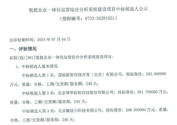 中标 | 北京国氢中联氢能企业一体化运营综合分析系统建设项目中标候选人公示