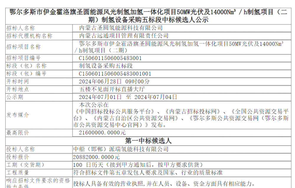 中标 | 伊金霍洛旗圣圆能源风光制氢加氢一体化项目制氢设备采购预中标公示