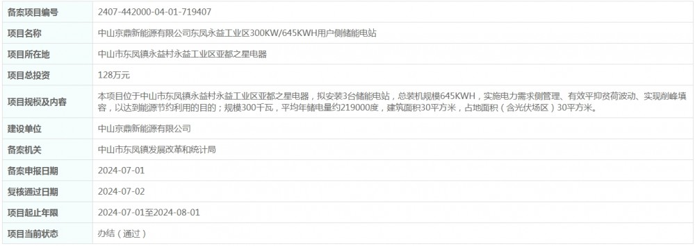 总投资128万元！广东省中山京鼎新能源有限公司东凤永益工业区300KW/645KWH用户侧储能电站获备案