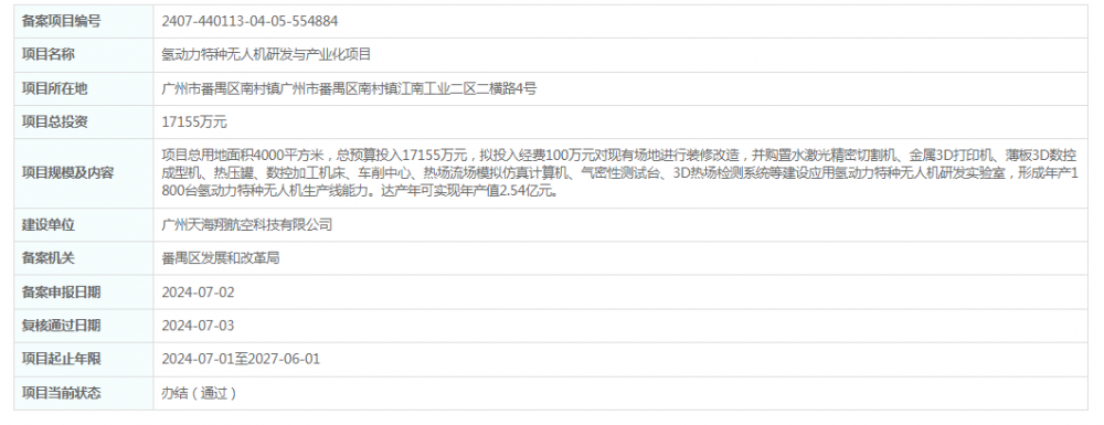 总投资17155万元！广州天海翔航空科技有限公司氢动力特种无人机研发与产业化项目获备案