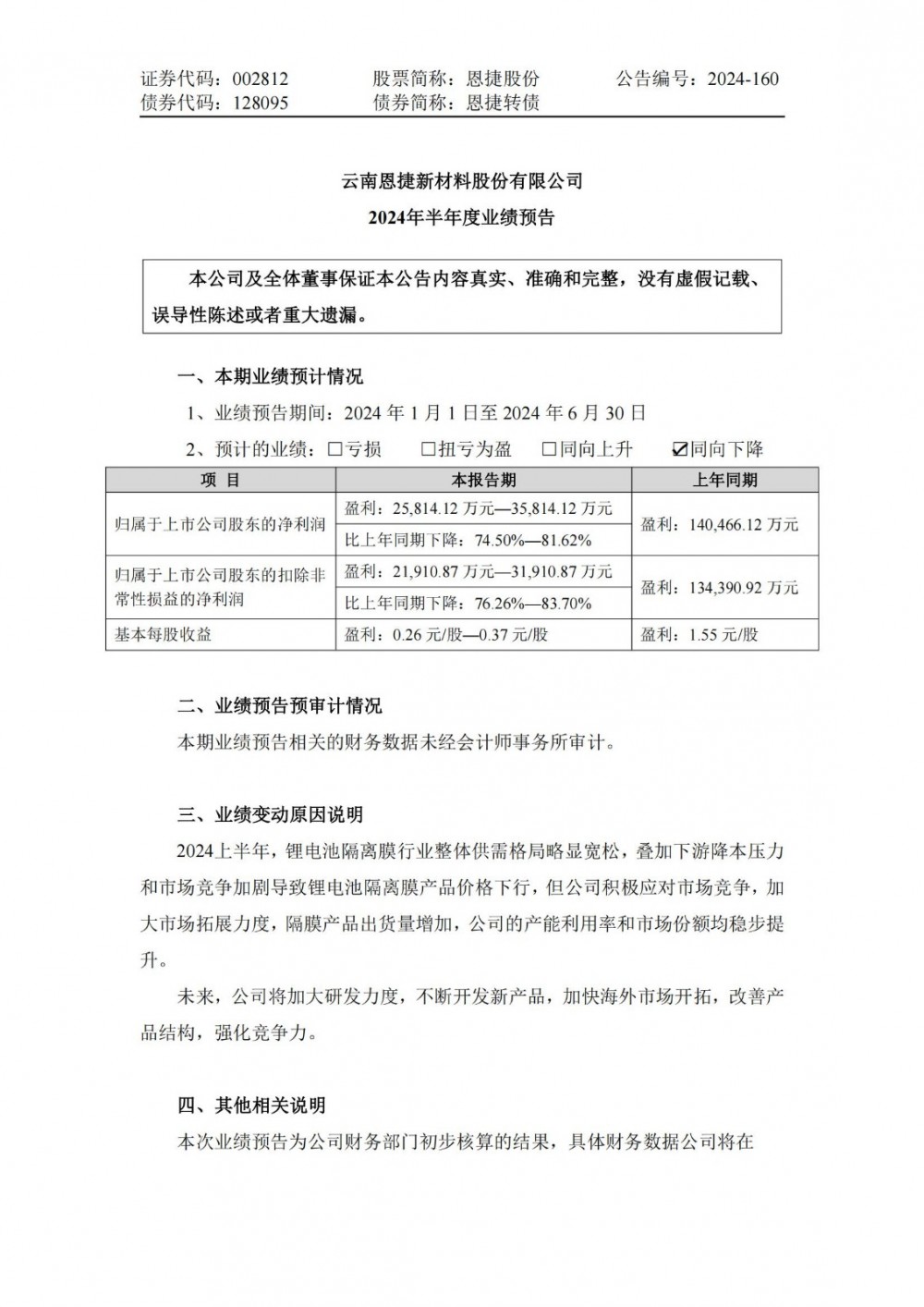 恩捷股份2024年上半年盈利2.58亿元~3.58亿元