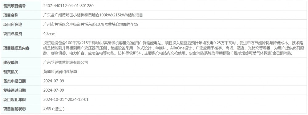 总投资40万元！广东省广州黄埔区小桔隽泰黄埔仓100kW/215kWh储能项目获备案