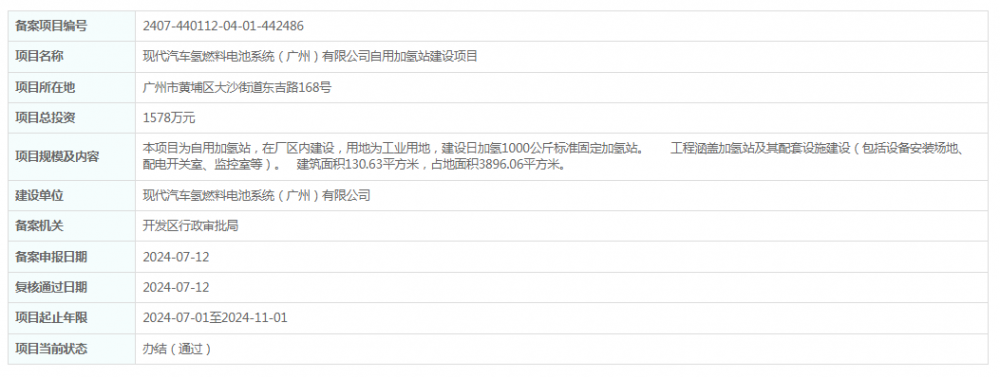 现代汽车氢燃料电池系统（广州）有限公司自用加氢站建设项目获备案
