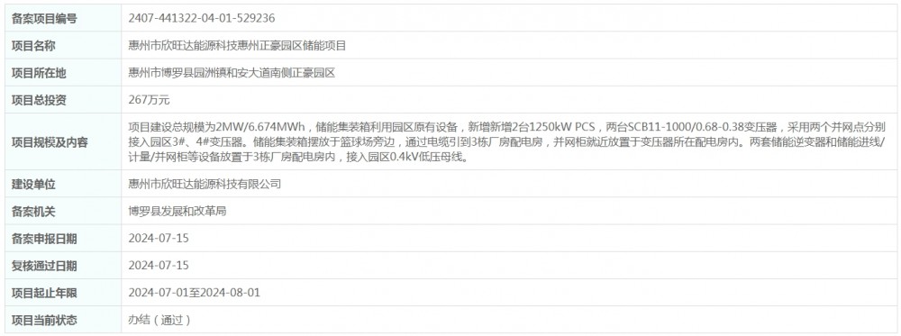 2MW/6.674MWh！欣旺达能源科技惠州正豪园区储能项目获备案