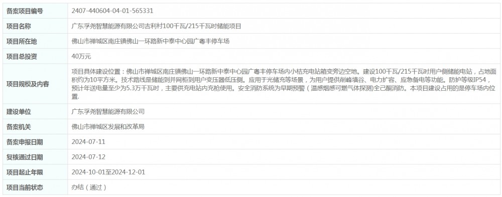 总投资40万元！广东孚尧智慧能源有限公司吉利村100千瓦/215千瓦时储能项目获备案