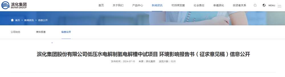 滨化集团水电解制氢项目公示