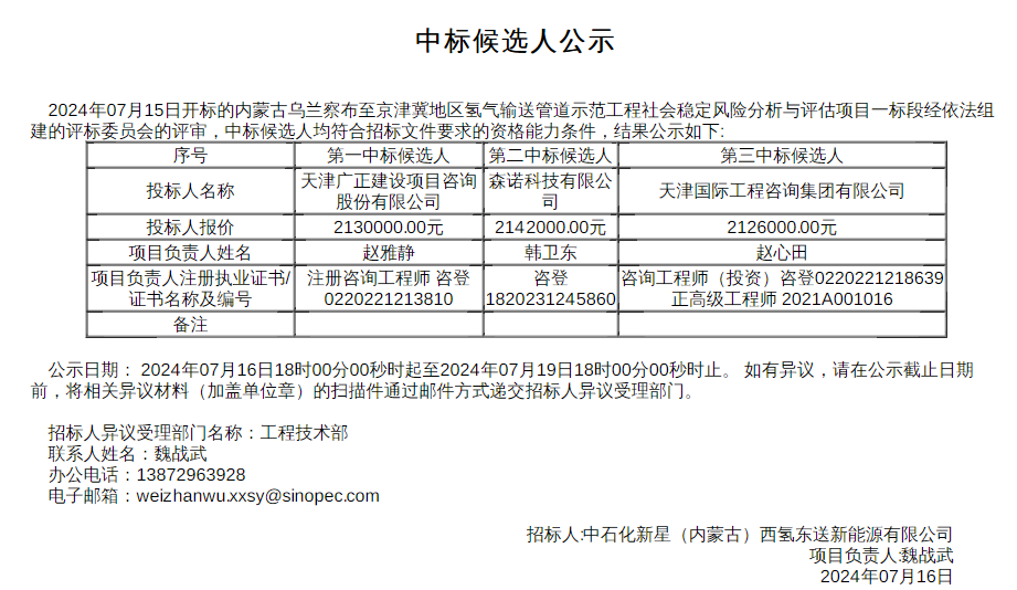 中标 | 乌兰察布至京津冀氢气输送管道示范工程社会稳定风险分析与评估项目中标候选人公示