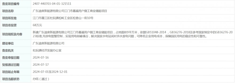 总投资68万元！广东迪度新能源有限公司江门市嘉福用户侧工商业储能项目获备案