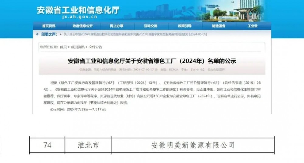喜报 | 安徽明美新能获评安徽省绿色工厂（2024年）