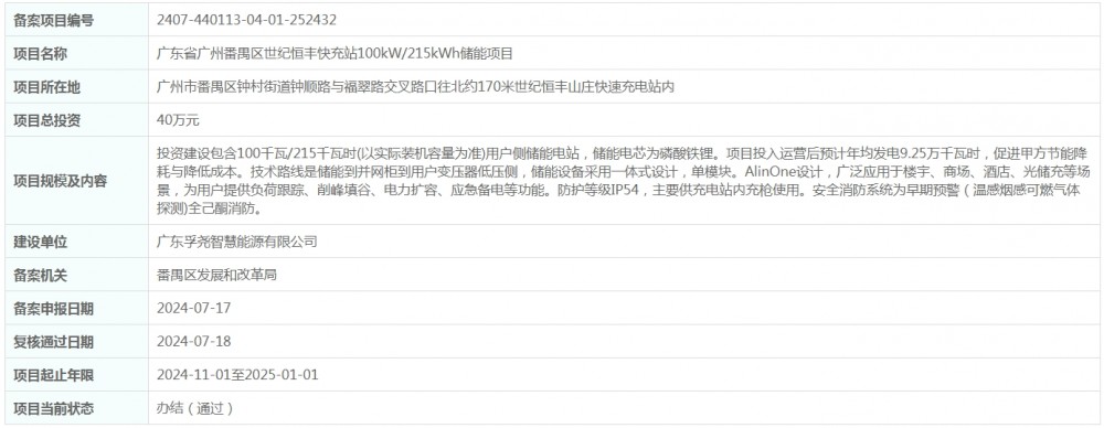 总投资40万元！广东省广州番禺区世纪大学城快充站100kW/215kWh储能项目获备案