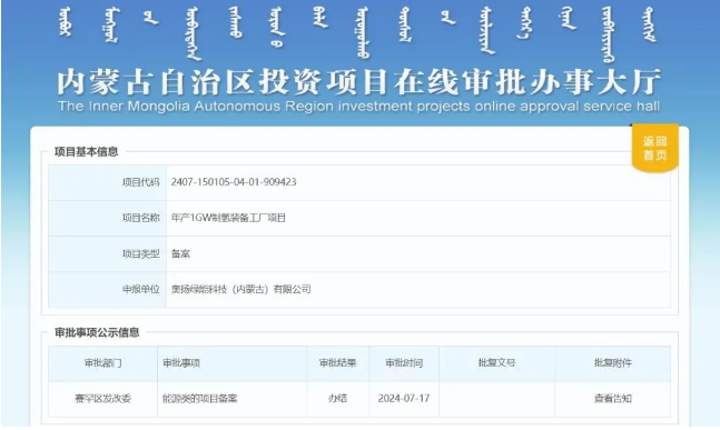 奥扬绿能科技（内蒙古）有限公司年产1GW制氢装备工厂项目获备案