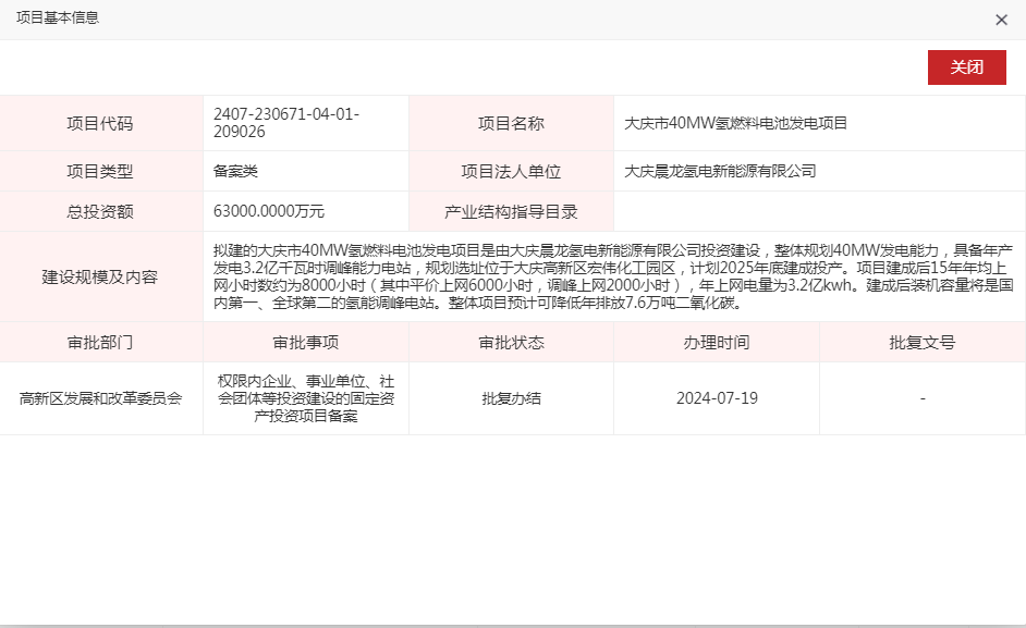 黑龙江大庆市40MW氢燃料电池发电项目获备案