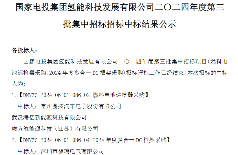 中标 | 国氢科技燃料电池巡检器和多合一DC框架中标结果发布