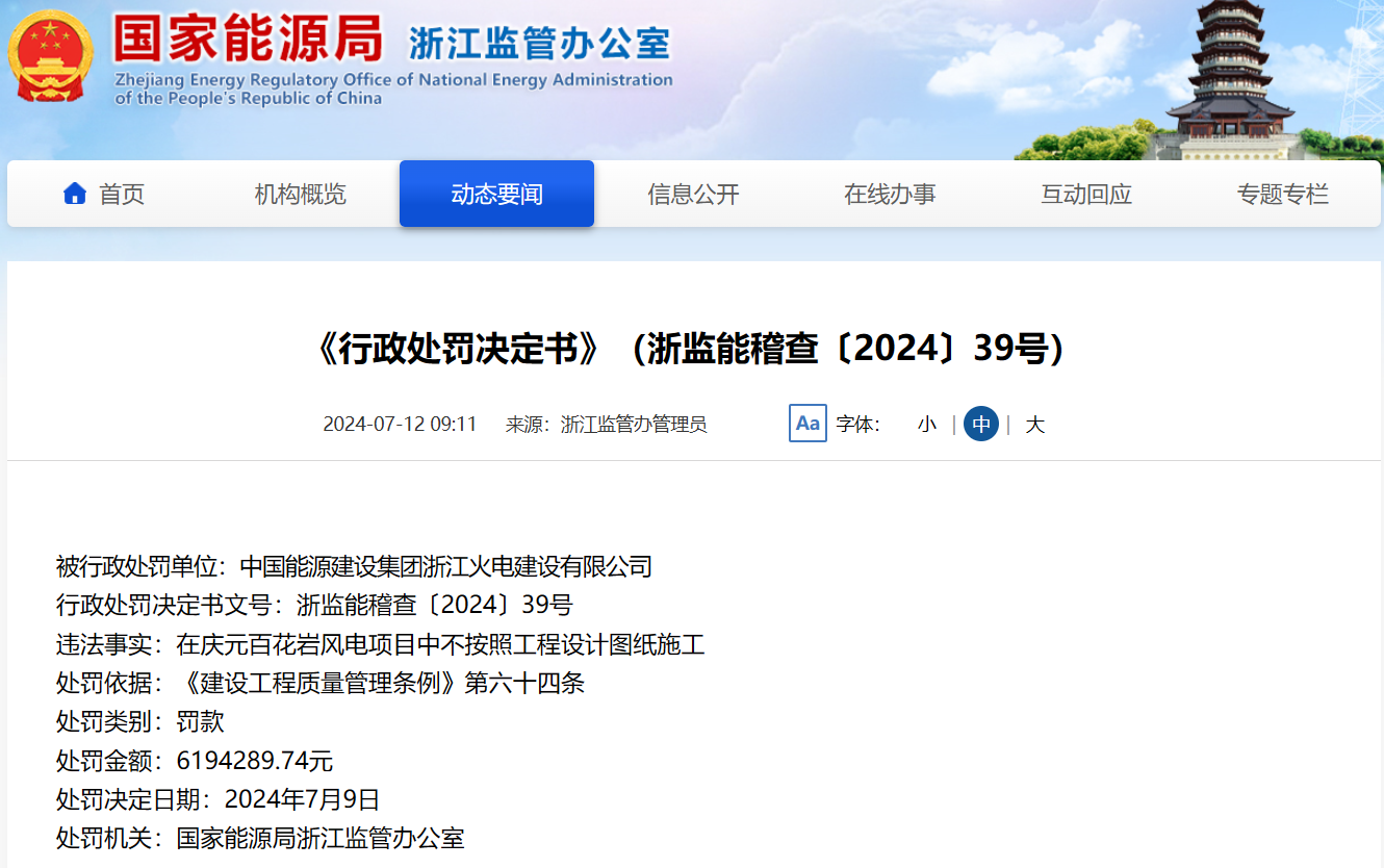 不按施工图纸施工！中国能建浙江火电被罚619万