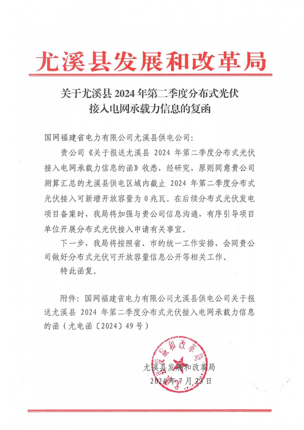 可新增开放容量为0！福建尤溪县2024年第二季度分布式光伏接入电网承载力信息公示