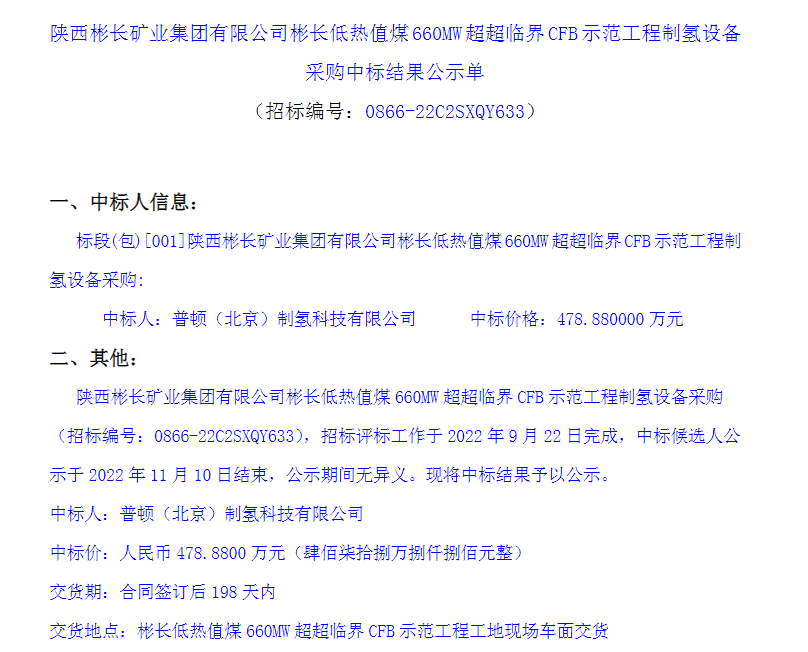 中标 | 陕西彬长低热值煤660MW超超临界CFB示范工程制氢设备中标结果发布