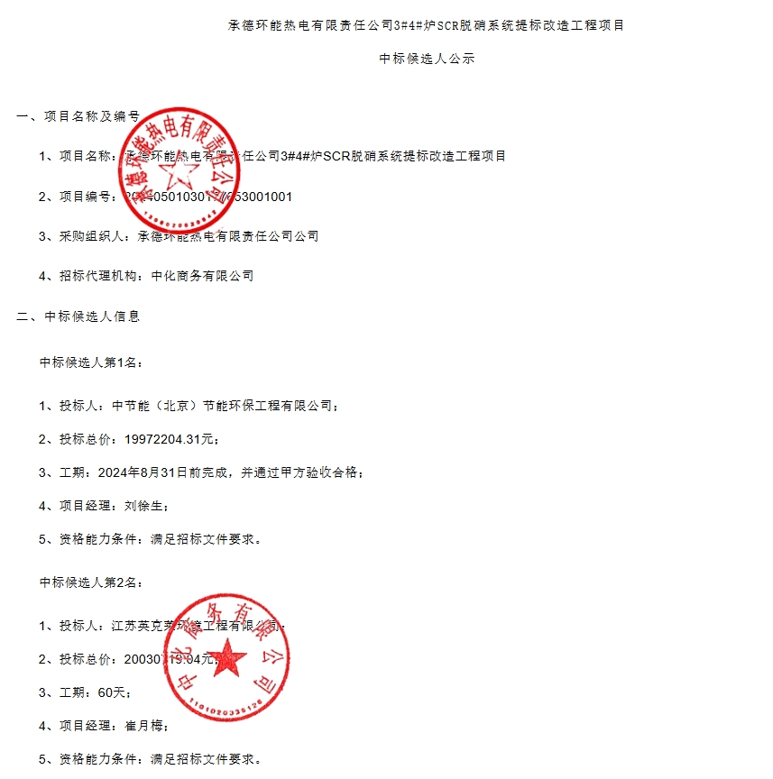 近2000万！中节能工程公司预中标承德环能热电3#、4#炉SCR系统提标改造工程项目