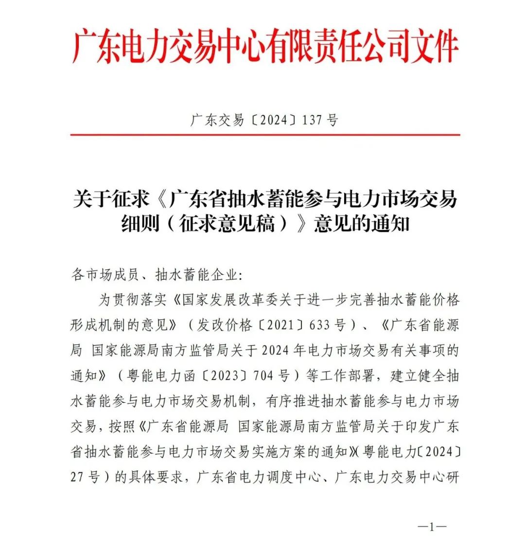 《广东省抽水蓄能参与电力市场交易细则》发布