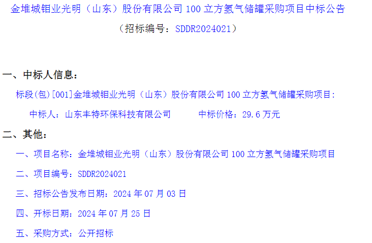 中标 | 金堆城钼业光明（山东）股份有限公司卧式100立方氢气储罐采购项目中标公告发布