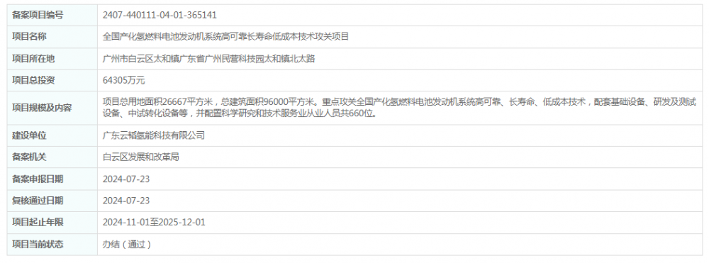 广东云韬氢能科技有限公司全国产化氢燃料电池发动机系统高可靠长寿命低成本技术攻关项目获备案