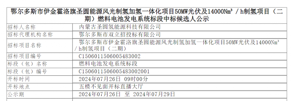 中标 | 圣圆能源鄂尔多斯制氢项目燃料电池发电系统标段中标候选人公示