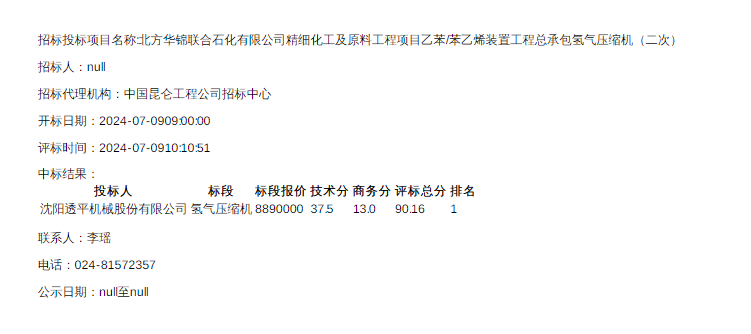中标 | 沈阳透平机械中标北方华锦联合石化有限公司氢气压缩机采购项目