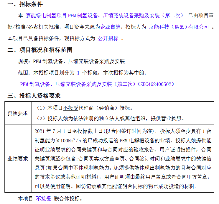 京能绿电制氢项目PEM制氢设备、压缩充装设备采购及安装二次招标