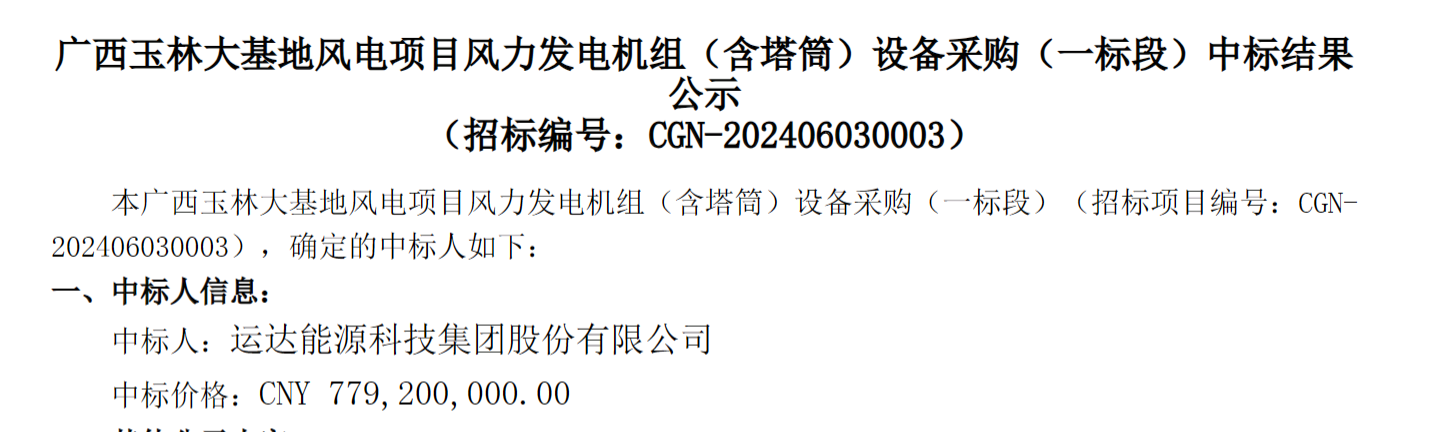 中广核400MW风电项目中标公示