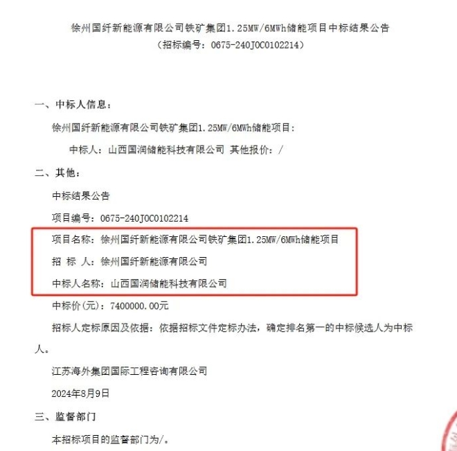中标 | 国润储能成功中标江苏徐州1.25MW/6MWh储能项目