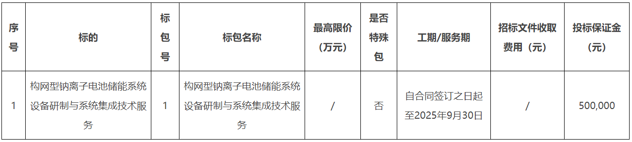 南网储能构网型钠离子电池储能系统设备研制与系统集成招标