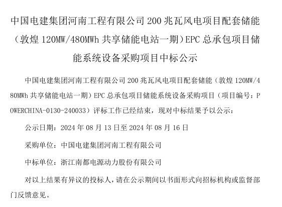 南都电源中标中国电建甘肃敦煌风电项目配套120MW/480MWh储能系统采购
