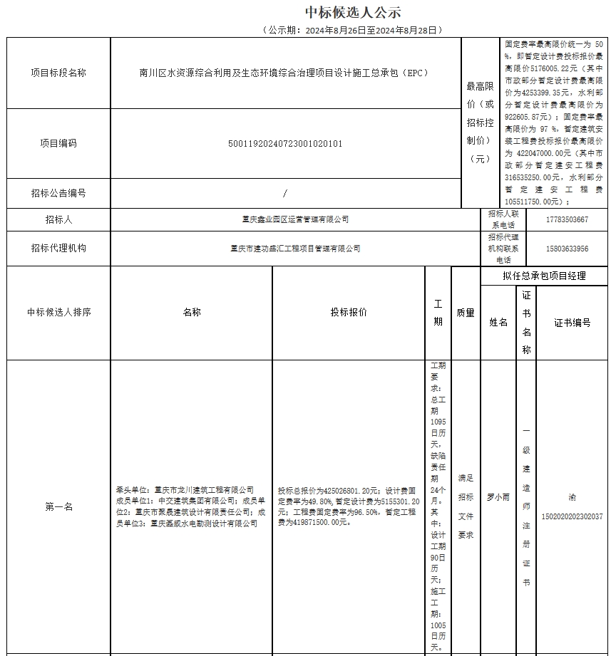 4.351亿重庆水资源综合利用及生态环境综合治理项目EPC开标