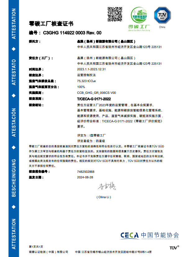 晶澳科技扬州基地（晶山园区）获TÜV零碳工厂认证