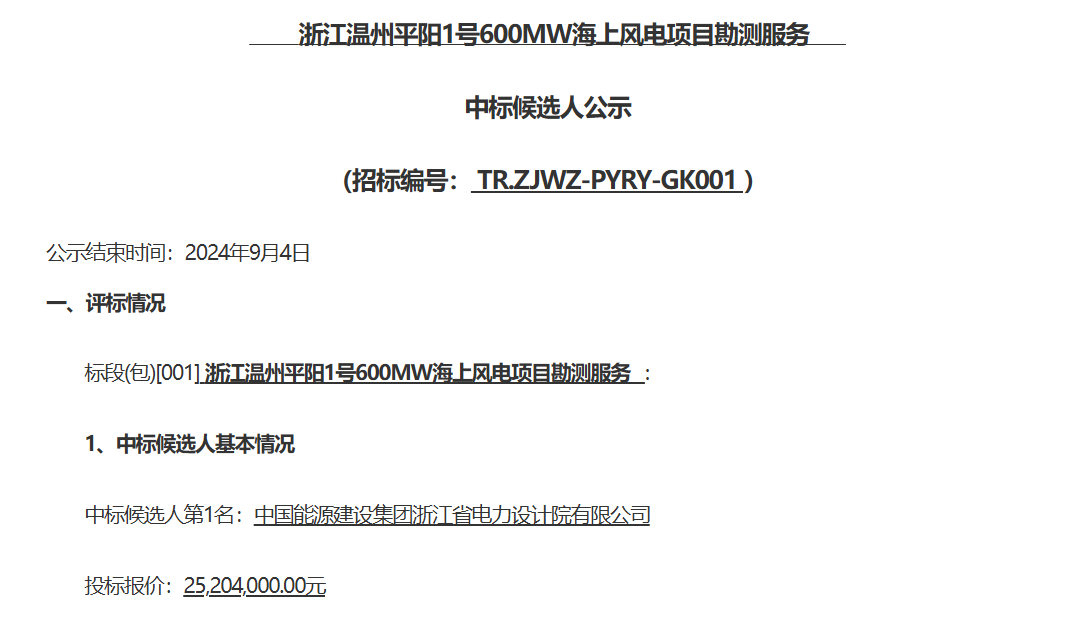 浙江600MW海上风电项目中标候选人公示