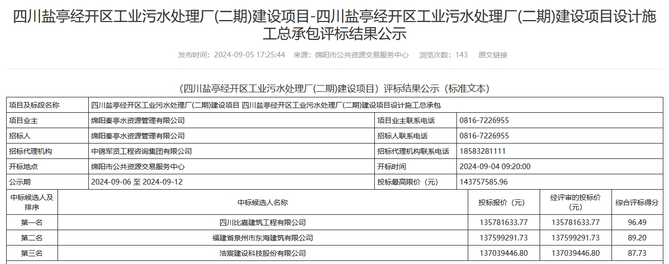 超1.3亿！四川盐亭经开区工业污水处理厂(二期)建设项目设计施工总承包开标