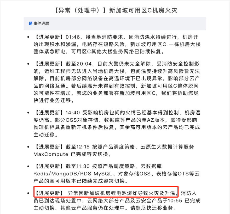 因锂电池爆炸，阿里云机房火灾持续超30小时