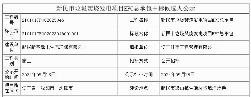 500吨/日！辽宁新民市垃圾焚烧发电项目EPC总承包中标候选人公示