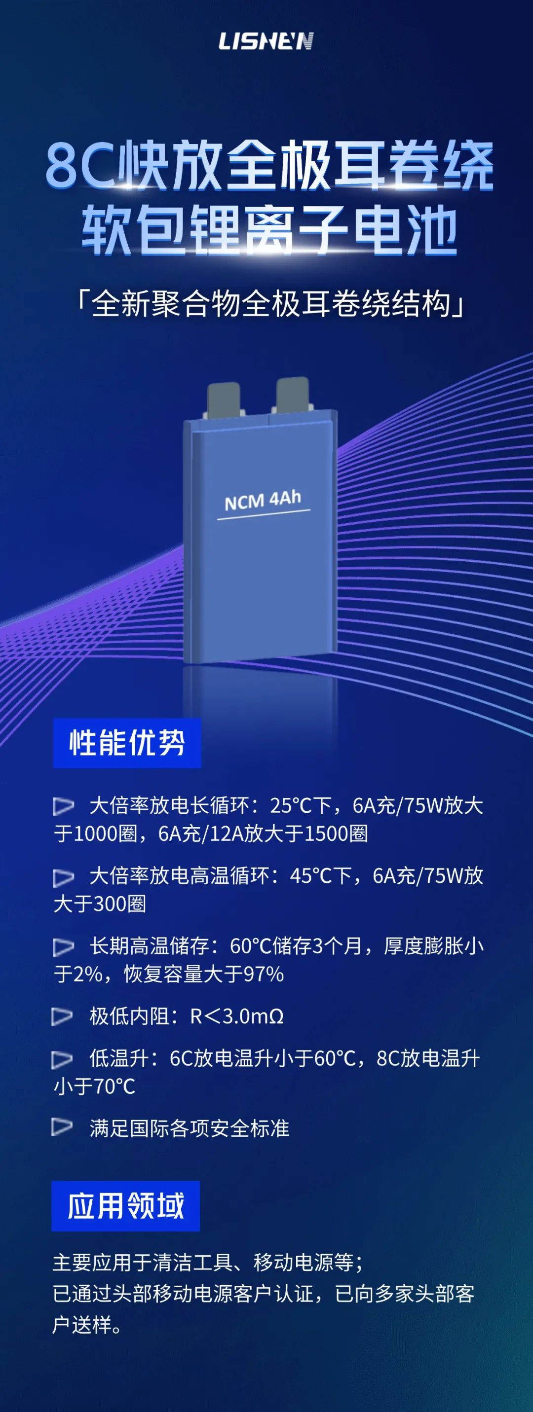 天津力神电池8C快放全极耳卷绕软包锂离子电池