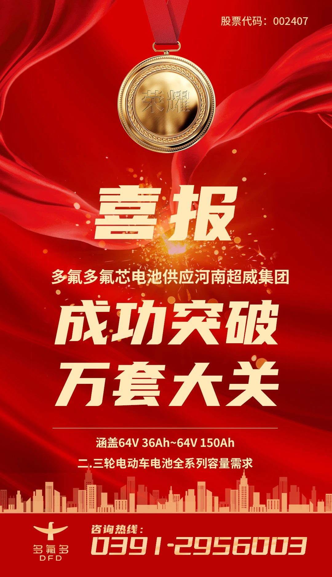多氟多“氟芯电池”供应河南超威集团成功突破万套大关